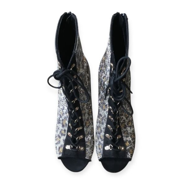 ANNE MICHELLE Women’s Cheetah Print Rhinestone Lace-Up Peep Toe Stiletto Booties - Picture 5 of 8